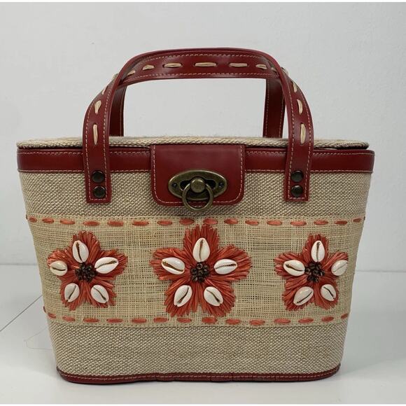 VTG Bahamas straw Woven Puka shell 1980s Gingham Grandma basket handbag purse - Picture 1 of 9